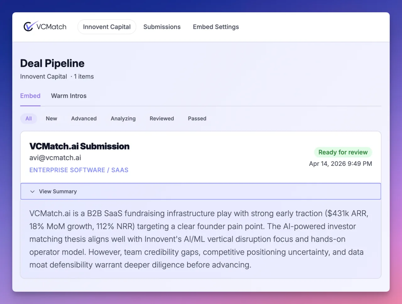 Sample of an investor pipeline view after embed submissions start arriving
